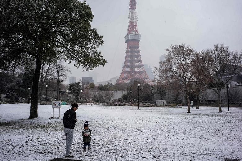 Tokyo's Shiba Park being covered in snow yesterday. The Japan Meteorological Agency had said earlier that a strong cold front and a passing low-pressure system might combine to dump snow across wide areas of Japan throughout yesterday. The agency has