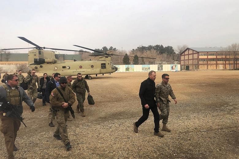 Acting US Defence Secretary Patrick Shanahan arriving in Afghanistan yesterday on an unannounced trip. He said his goal was to get an understanding of the situation on the ground from commanders.