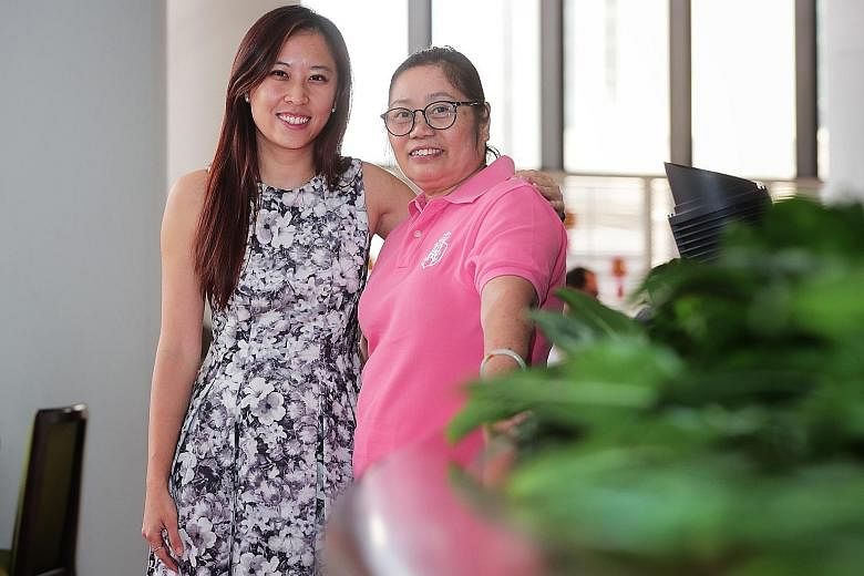 Above: Ms Naw Wah Wah from Myanmar has worked with the same employer for 11 years. She says she will continue to look after her 94-year-old employer until either one of them dies. Left: Ms Choo Yuen Ling with Ms Maria Aida Procalla Somejo, who has wo