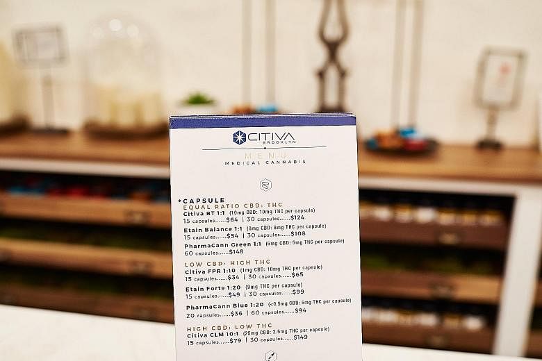 A medical cannabis menu at a dispensary in New York. Cannabinoids are chemical compounds found in the cannabis plant and can be medically administered through pharmaceutical products such as oral solutions.