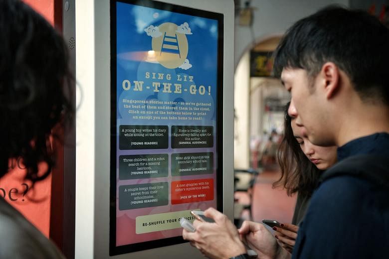 A project called Sing Lit Cloud involves self-order machines (left) with printers that will dispense free bite-sized excerpts of Singapore books.