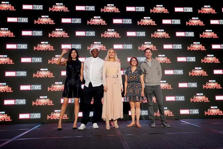 The cast of Captain Marvel (from far left) Gemma Chan, Samuel L. Jackson and Brie Larson, together with the film's directors, Anna Boden and Ryan Fleck, at a press conference at Marina Bay Sands Expo and Convention Centre yesterday.