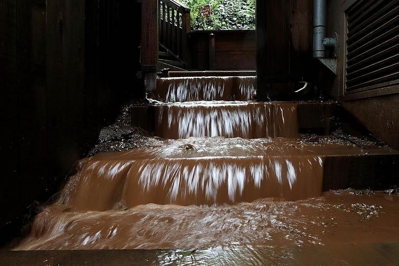 Muddy water flowing down the stairs of a home in Sausalito, California during a rain storm.