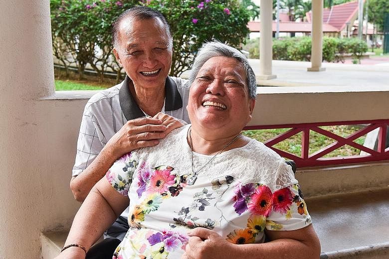 Madam Oei Lian Eng with her husband, Mr Tan Sue Hoai, who is her caregiver. She suffered a stroke which left her paralysed on her left side.