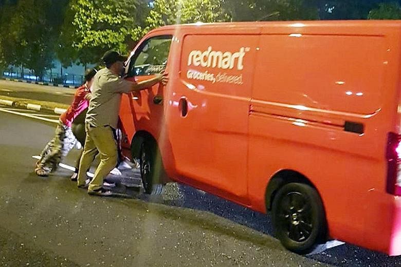 Left: The e-scooter rider was trapped underneath the van after the accident. Right: The van driver was said to be among those who helped free the woman rider.