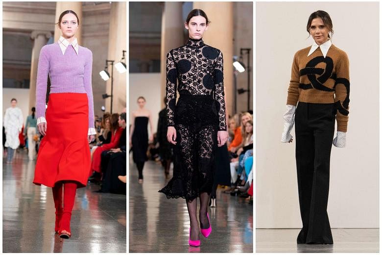 Victoria Beckham (right) and her creations (left and middle) on show at the London Fashion Week on Sunday. 