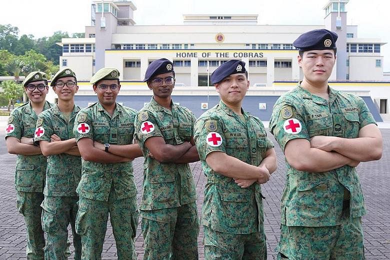 (From left) Cpl Joseph Andrei Aczon Dacanay, 3SG Ni Xu Gang Metta, Cpt (Dr) Vikram Manian, Cpl B. Aravind Krishna, LCP David Lee Wei Ming and Cpl Kinson Tan Kai Feng went to the aid of the injured man.
