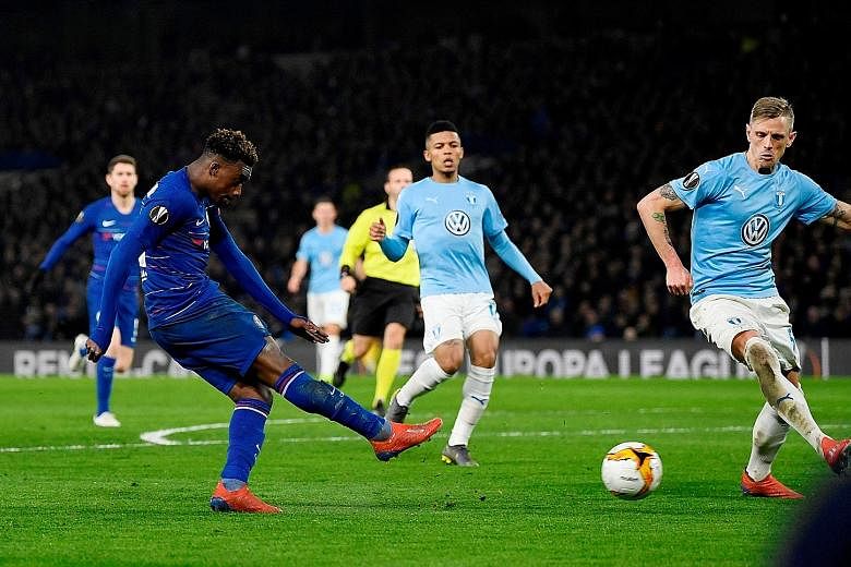 Chelsea winger Callum Hudson-Odoi scoring their third goal in the 3-0 Europa League home win over Malmo on Thursday. The 5-1 aggregate win sent the Blues into the last 16, where they will next meet Russia's Dynamo Kiev.