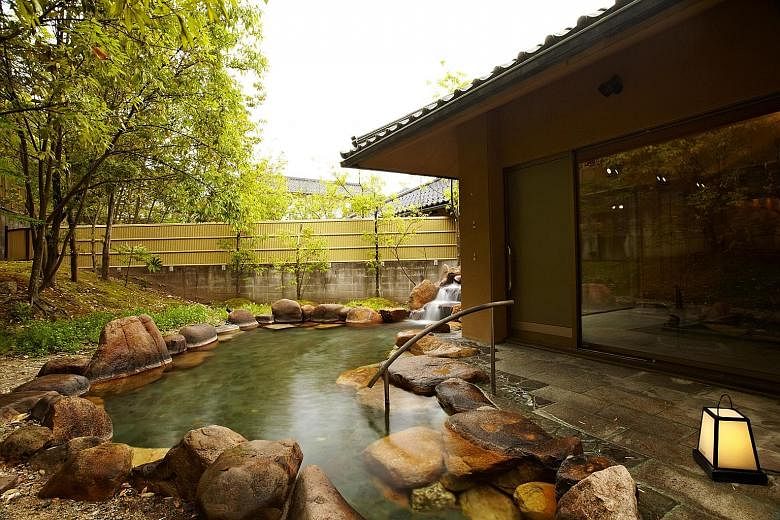 Research shows that exposure to volatile compounds given off by plants lead to a decrease in stress hormones, so a walk in the forest is never a bad idea. The rotenburo onsen, or open air bath (above), at boutique hot spring ryokan Hoshino Resorts Ka