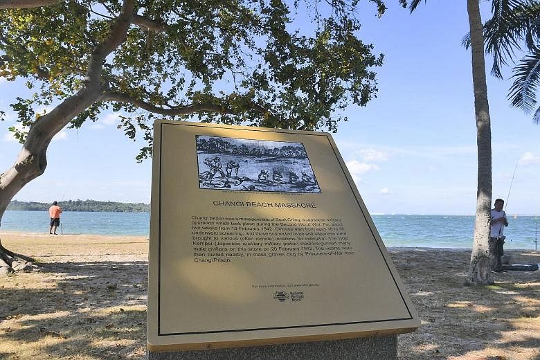The National Heritage Board's decision to update WWII markers comes after former foreign minister George Yeo highlighted at a conference last month that a plaque (above, left) about the Sook Ching massacre at Changi Beach has only English text, repla