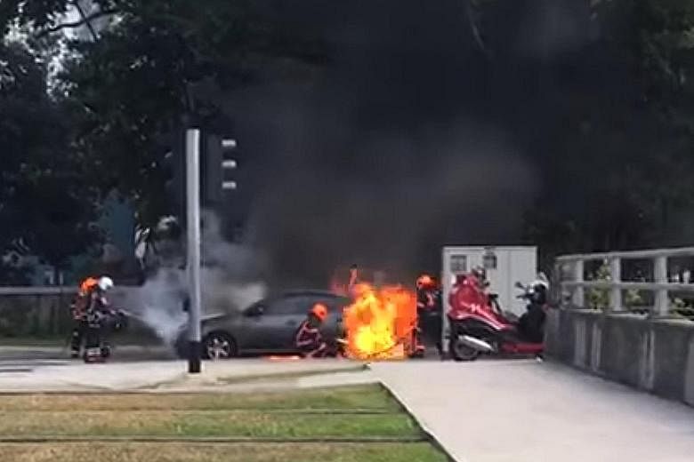 Mr Lim Puay Sia, 65, was unable to put out the fire using the fire extinguisher he kept in his car boot. SCDF firefighters subsequently used two water jets to extinguish the blaze.