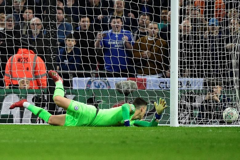 Clockwise from above: Chelsea goalkeeper Kepa Arrizabalaga watching in despair as Manchester City striker Sergio Aguero's spot kick in the League Cup final shoot-out slips under his body and into the net. Earlier, the Spaniard, seen remonstrating wit