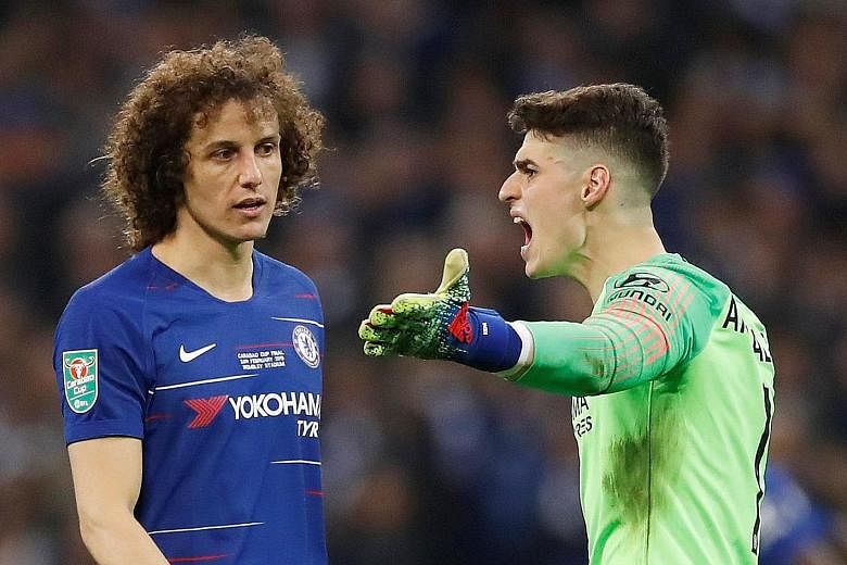 Clockwise from above: Chelsea goalkeeper Kepa Arrizabalaga watching in despair as Manchester City striker Sergio Aguero's spot kick in the League Cup final shoot-out slips under his body and into the net. Earlier, the Spaniard, seen remonstrating wit
