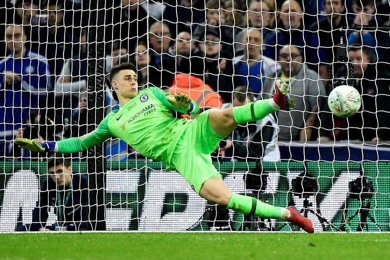 Kepa Arrizabalaga going the wrong way as a penalty from Manchester City's Bernardo Silva goes past him during Chelsea's penalty shoot-out defeat in Sunday's League Cup final. Coach Maurizio Sarri is yet to decide whether the Spaniard will retain his 