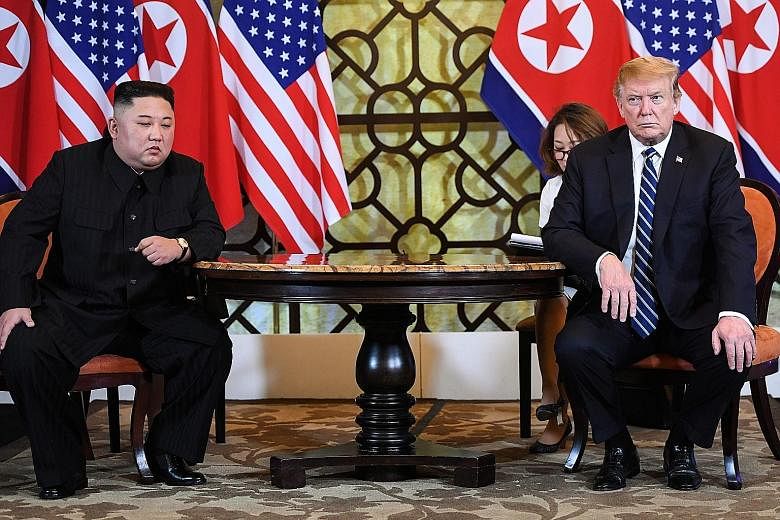 North Korean leader Kim Jong Un and US President Donald Trump at the Sofitel Legend Metropole Hanoi hotel yesterday. Mr Trump said Pyongyang was willing to denuclearise, "but in areas lesser than what we want".