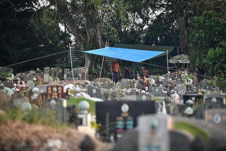 One of the makeshift homes in Choa Chu Kang Cemetery. The worker in the foreground, who has been in Singapore for six months, claims to have been promised a job here but ended up being cheated of about $2,000. Myanmar nationals squatting at the cemet