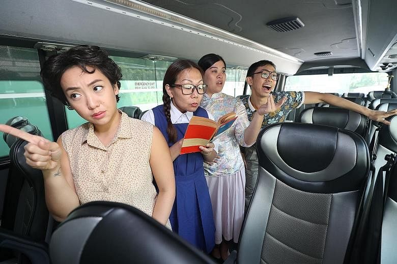 The public can hop on a bus where actors tell stories of the 1970s, in a show called Buses And Roads: A Bus Theatre Experience. (From left) Cast members Dawn Lee, 26; Victoria Chen, 44; Miriam Cheong, 24; and Sean Lai, 33. The one-hour journey begins