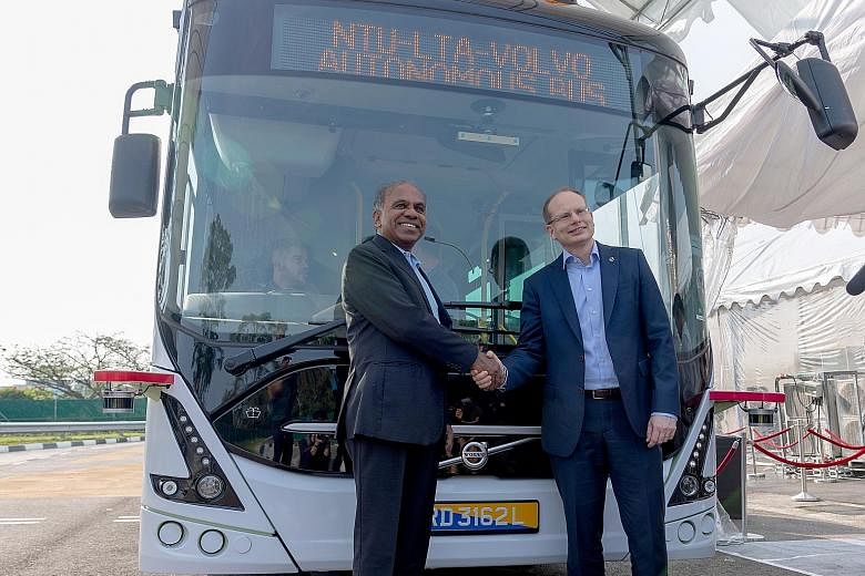 Nanyang Technological University president Subra Suresh (left) and Volvo Buses president Hakan Agnevall at the launch of the new bus.