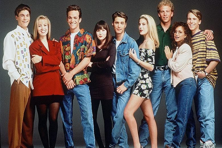 The cast of Beverly Hills, 90210 include (above from left) Brian Austin Green, Jennie Garth, Luke Perry, Shannen Doherty, Jason Priestley, Tori Spelling, Ian Ziering, Gabrielle Carteris and Douglas Emerson.