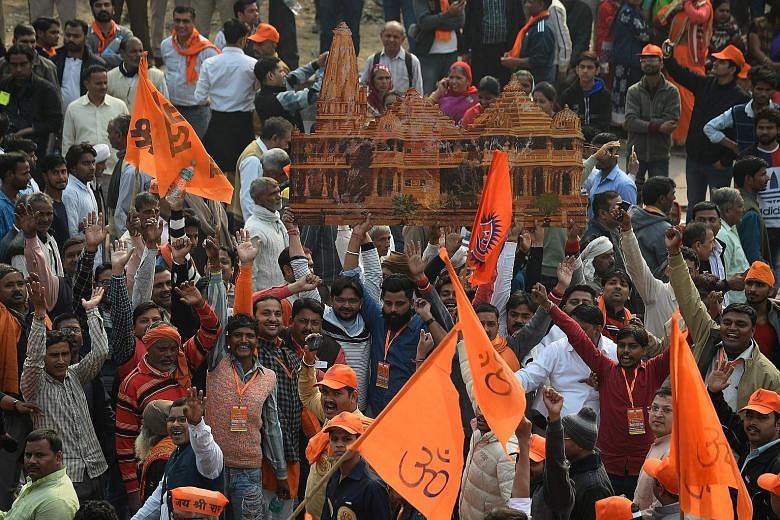 Hindu hardliners rallying in New Delhi last year for the construction of a temple on the site of the demolished 16th-century Babri mosque in Ayodhya.