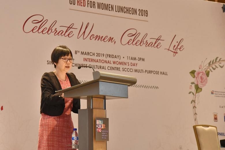 Dr Goh Ping Ping, chairman of the Go Red for Women Campaign here and a Singapore Heart Foundation board member, speaking at the Go Red For Women Luncheon 2019 yesterday.