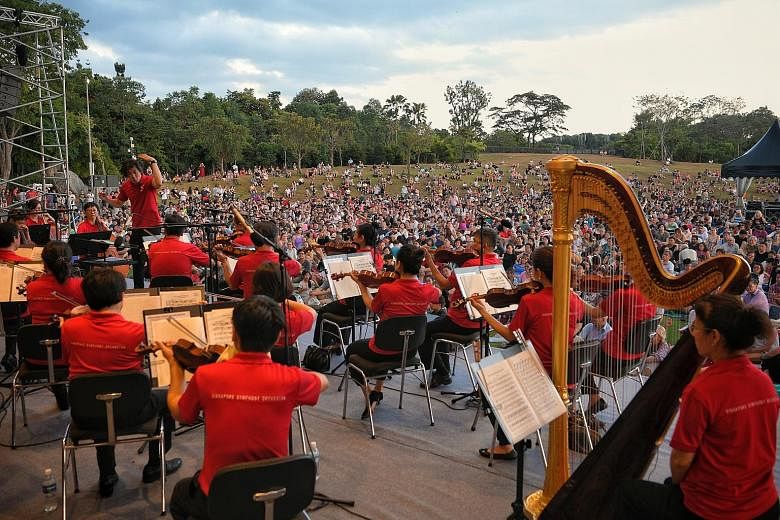 About 5,500 people laid out their picnic mats or sprawled comfortably on the green lawn as they enjoyed a line-up of classical pieces at The Meadow, Gardens by the Bay, yesterday. Marking Singapore Press Holdings' (SPH) 35th anniversary celebrations,