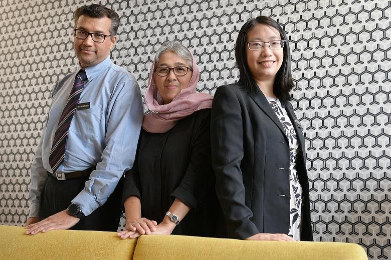 Madam Nasreen Ismail (centre) with haematologists Chandramouli Nagarajan and Chen Yunxin from Singapore General Hospital. Dr Chen is also the principal investigator of the clinical trial.