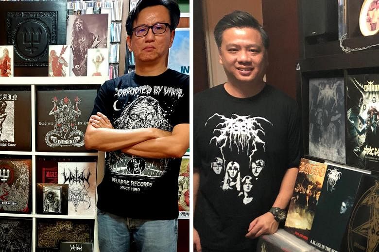 Mr Alan Teo (far left), a vice-president of a foreign bank, and teacher Foo Say Keong (left) are fans of black metal band Watain.