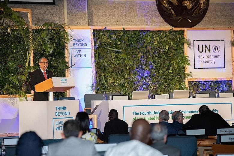 Environment and Water Resources Minister Masagos Zulkifli speaking at the United Nations Environment Assembly in Nairobi yesterday. To develop in a sustainable manner, a paradigm shift is needed for people to change their production and consumption p