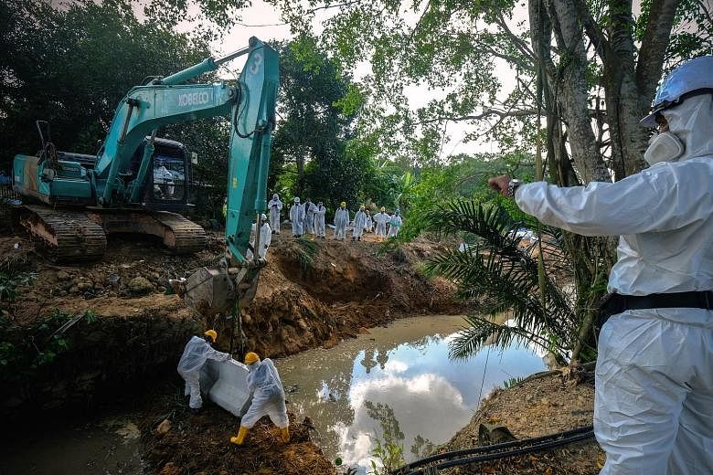 The authorities continuing with clean-up operations yesterday. Malaysian Nature Society vice-president Vincent Chow said that Sungai Kim Kim was heavily polluted as the chemicals had seeped into the mud.