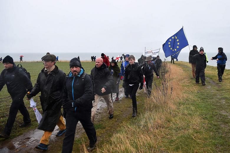 Former UK Independence Party leader and Brexit spearhead Nigel Farage (second from left) during the first leg of the March To Leave in Sunderland onSaturday.It will conclude in London on March 29.