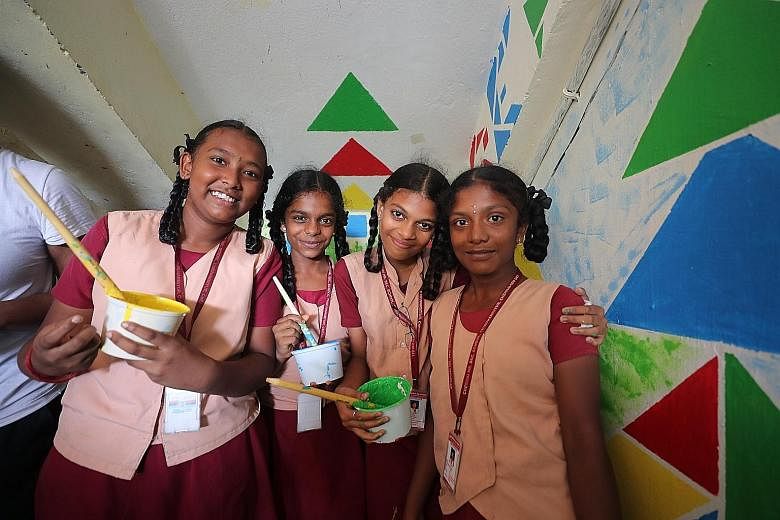 Students who were involved in painting a wall mural in Thiruvanmiyur, Chennai, where NalandaWay Foundation runs its Art Lab Programme. The foundation uses visual and performing arts to help children from disadvantaged communities in India.