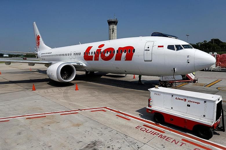 A Lion Air Boeing 737 Max aircraft parked at Indonesia's Soekarno-Hatta International Airport.