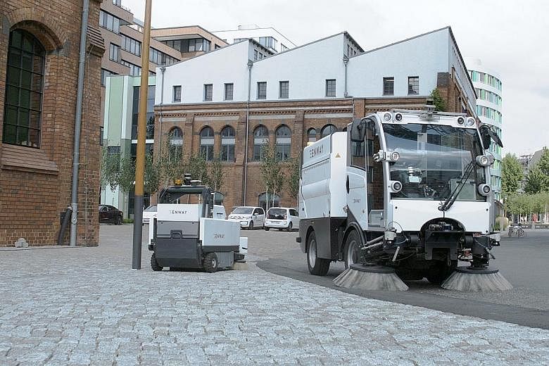 An autonomous road-cleaning vehicle developed by German start-up Enway. The company is part of a four-party consortium - which includes NTU, environmental service firm Veolia and local firm Wong Fong Engineering Works - which will be developing and t