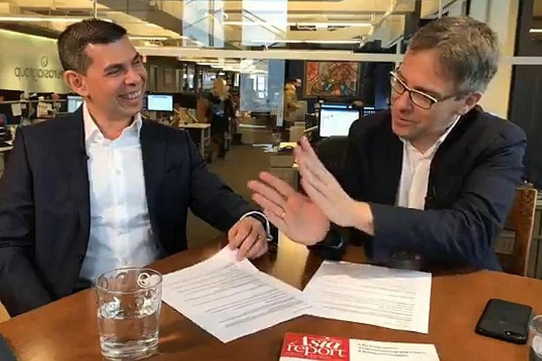 The Straits Times editor Warren Fernandez (far left) with American foreign policy expert Ian Bremmer. A Facebook Live session was held in New York yesterday to coincide with the launch of a new content-sharing partnership this week between The Strait