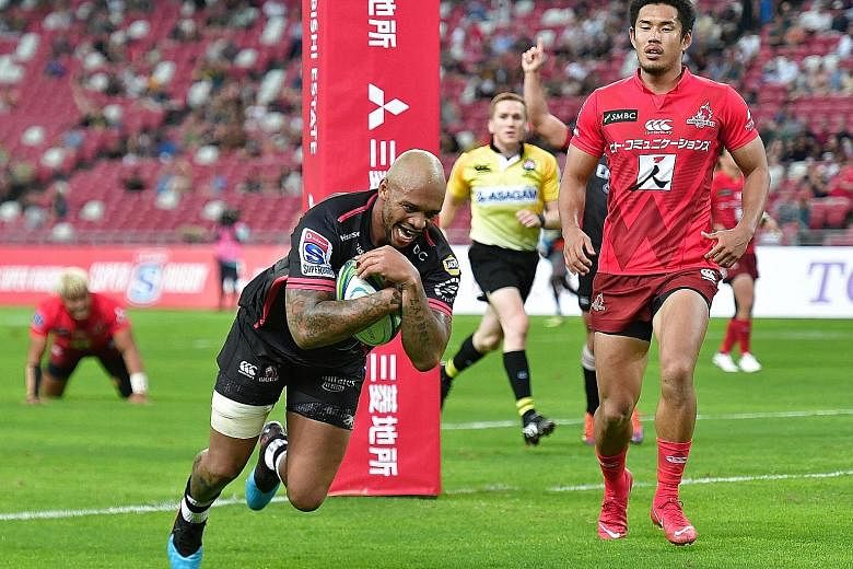 The Lions' inside centre Lionel Mapoe scoring a try against the Sunwolves in their Super Rugby match at the National Stadium last night. The stronger, fitter South Africans overpowered their opponents with a dominant second half.