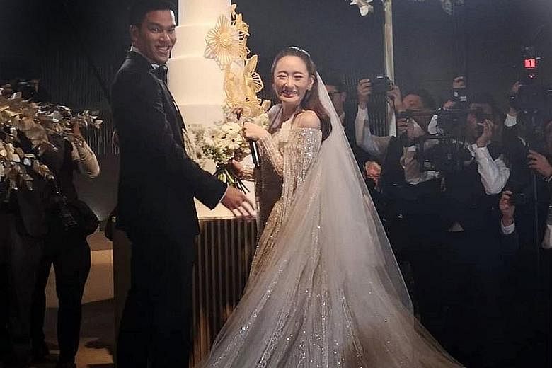 The bride and groom with her father Thaksin Shinawatra and aunt Yingluck. The wedding took place at the Rosewood Hotel in Hong Kong's Victoria Dockside area, overlooking Kowloon's waterfront. The newly-weds with Thailand's Princess Ubolratana Rajakan