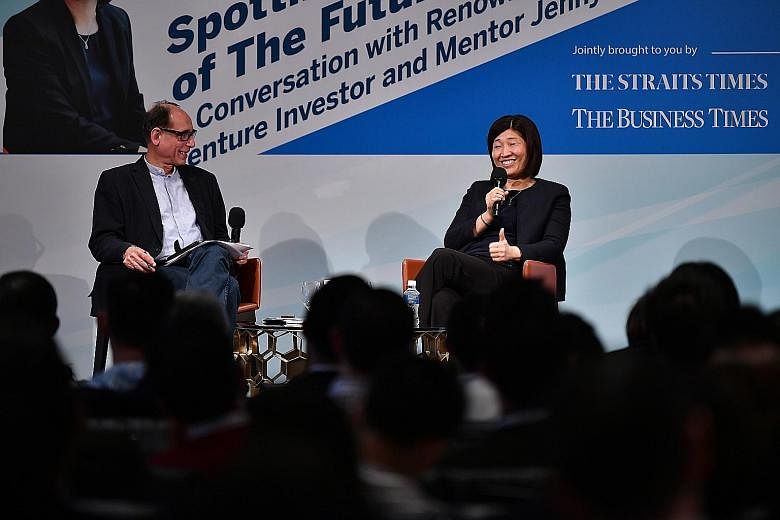GGV Capital managing partner Jenny Lee sharing her experiences from the start-up world yesterday with moderator Vikram Khanna, ST associate editor, and the audience at a public interactive forum series called Cutting Edge, which showcases prominent t