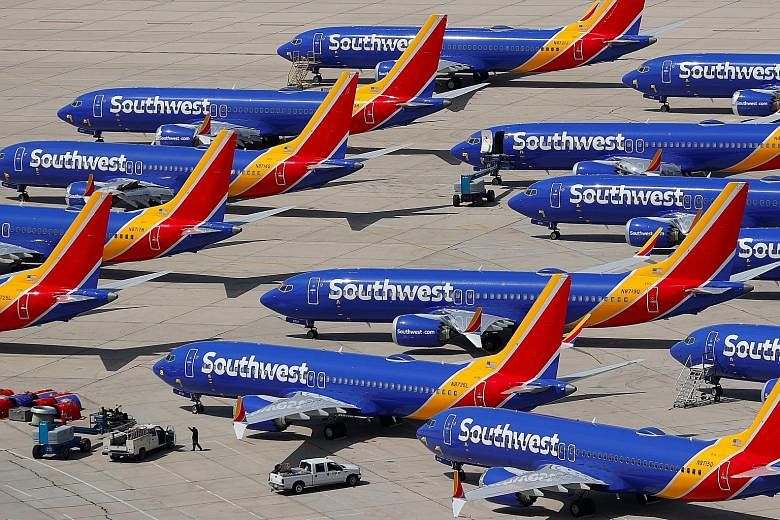 Grounded Southwest Airlines Boeing 737 Max 8 aircraft at Victorville Airport in California on Tuesday. The aircraft type has been grounded globally following two fatal crashes that killed nearly 350 people.