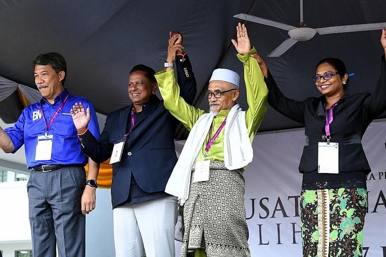 The four contenders for the Rantau seat are (from left) Umno's Mohamad Hasan, Dr S. Streram from PH's Parti Keadilan Rakyat, retired lecturer Mohd Nor Yassin, and former radio host Malar Rajaram.