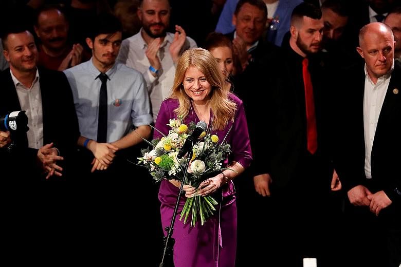 Slovakia's presidential candidate Zuzana Caputova at her Bratislava party headquarters last Saturday. The political newcomer's victory is viewed as a spark of hope that the tide has turned against the ethnic nationalist and populist movements that ha