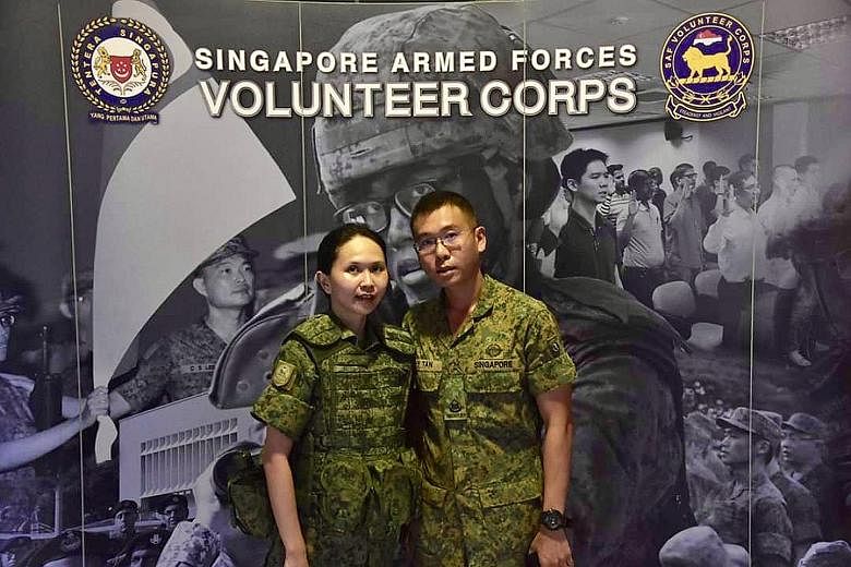 Ms Goh Pan Hui with her husband, Military Expert 4 Huang Guoquan from the Air Engineering and Logistics Department, in 2017. Ms Ng Li Shyan with her husband, Third Warrant Officer Tan Jian Yi who is in the guards formation, in 2017. Left: Ms Cheng Yi