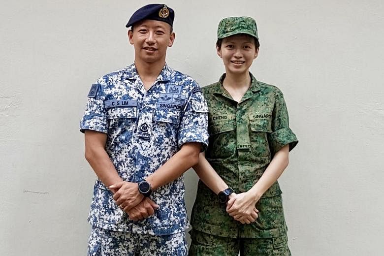 Ms Goh Pan Hui with her husband, Military Expert 4 Huang Guoquan from the Air Engineering and Logistics Department, in 2017. Ms Ng Li Shyan with her husband, Third Warrant Officer Tan Jian Yi who is in the guards formation, in 2017. Left: Ms Cheng Yi
