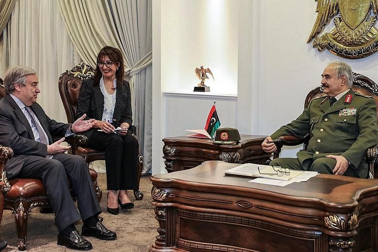 UN Secretary-General Antonio Guterres (left) meeting General Khalifa Haftar in his office in the Rajma military base east of Benghazi last Friday. The renegade warlord reportedly told Mr Guterres that his offensive on Tripoli will continue, and Mr Gu