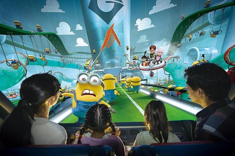 Despicable Me Minion Mayhem taking riders on a 3D journey through super-villain Gru's laboratory as he attempts to turn humans into Minions.