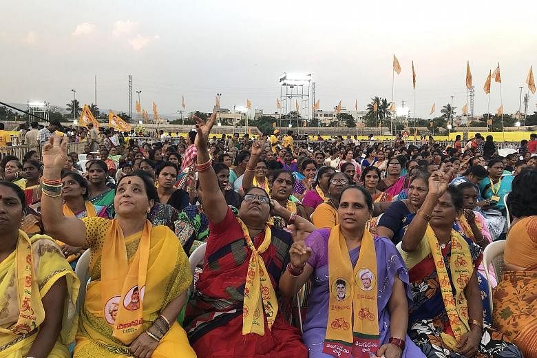 Above: Chief Minister of Andhra Pradesh Chandrababu Naidu and leader of the ruling Telugu Desam Party (TDP) is fighting for his political life against Mr Jagan Mohan Reddy, leader of YSR Congress Party. Left: TDP supporters at a rally in Visakhapatna