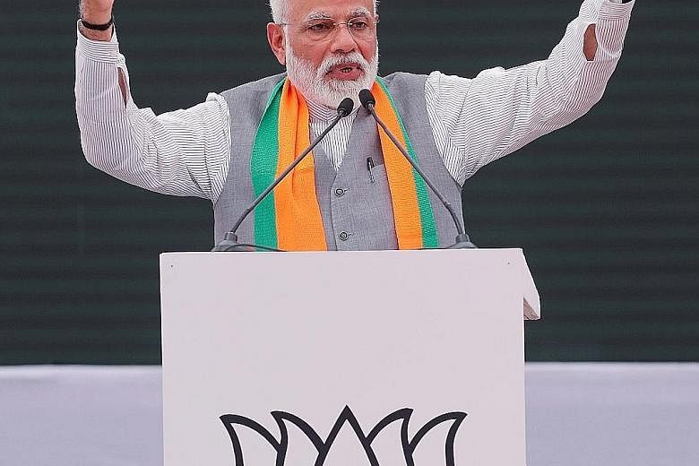 At a speech after releasing the ruling Bharatiya Janata Party's election manifesto in New Delhi yesterday, Prime Minister Narendra Modi said the document was inspired by the spirit of nationalism. It was seen by analysts as a bid to woo different seg