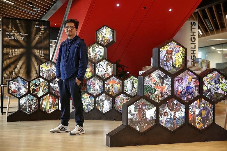 Filipino painter Rodel Tapaya's new installation - May Tainga Ang Lupa (2018), or The Land Has Ears - comprises more than 60 hexagonal lightboxes of scenes of his paintings.
