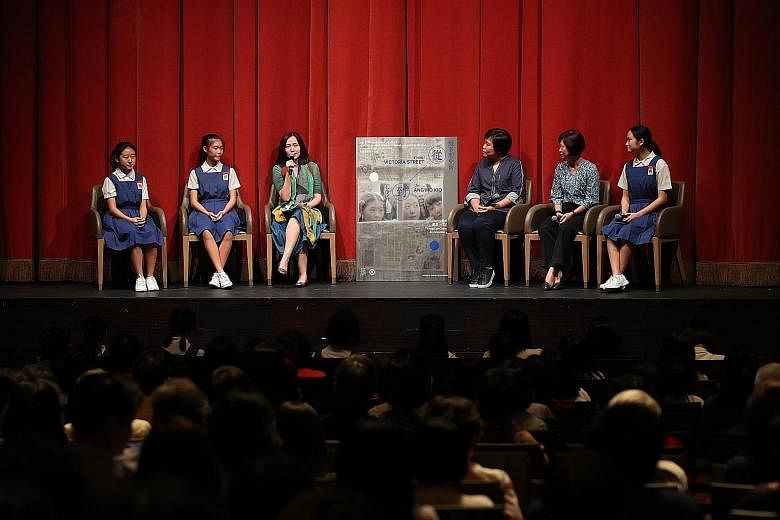 (From left) Student actresses Wang Ziyi and Hayley Foong; Lianhe Zaobao senior correspondent and moderator Chow Yian Ping; director Eva Tang; former principal Tan Wai Lan; and student actress Jerica Wong talking about the film during a panel discussio