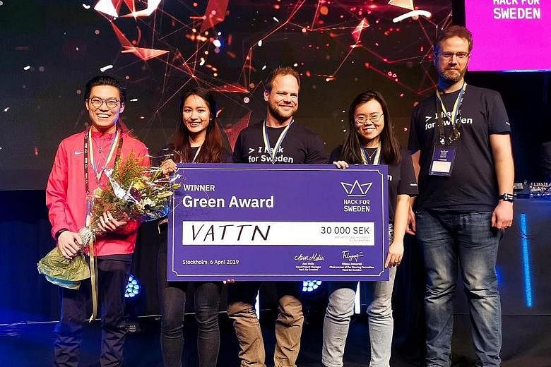 (From left) Mr Adelric Wong, Ms Yanisa Suratpipit, Mr Daniel Andersson, Ms Neo Ann Qi and Mr Philip Eriksson of Team Vattn. They beat 75 other teams across six categories to bag the first prize of the Green Award at the three-day Hack for Sweden 2019